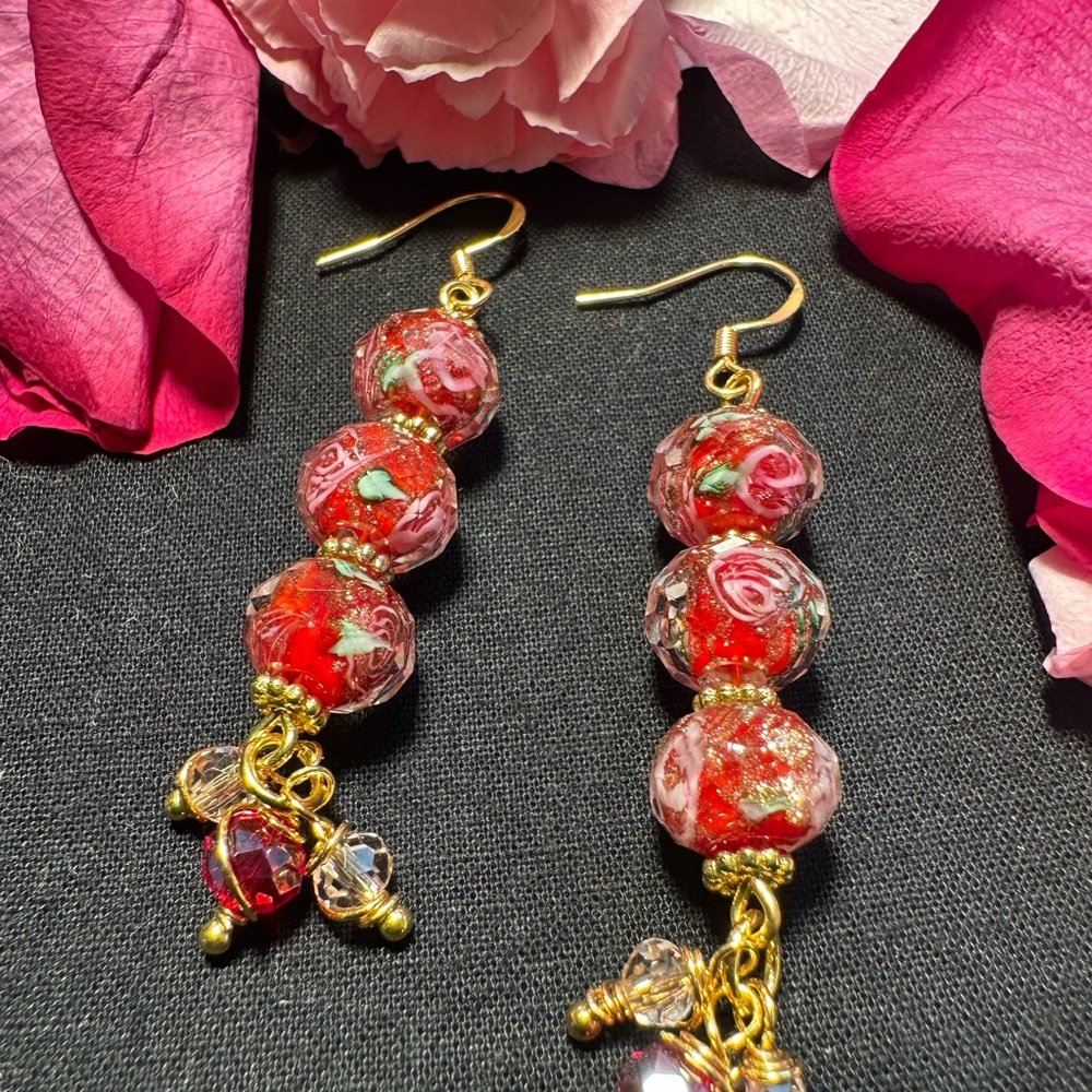 Hand Crafted Red Lampwork Gold Sand with Wire Wrapped Beads 925 Hook Earrings